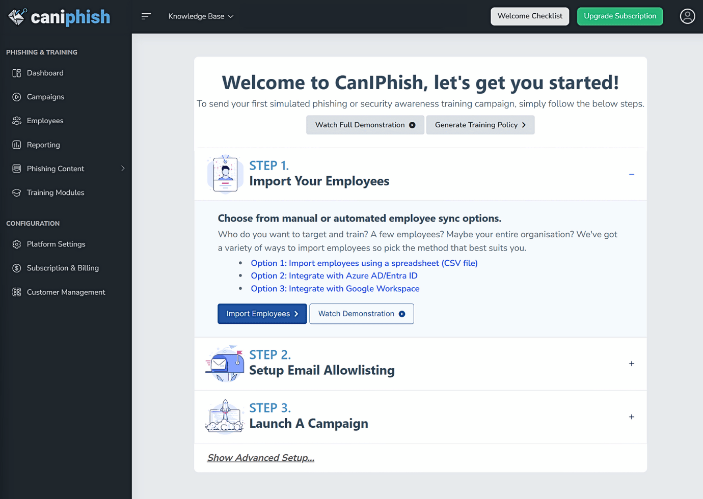 Free Phishing Test Getting Started Page